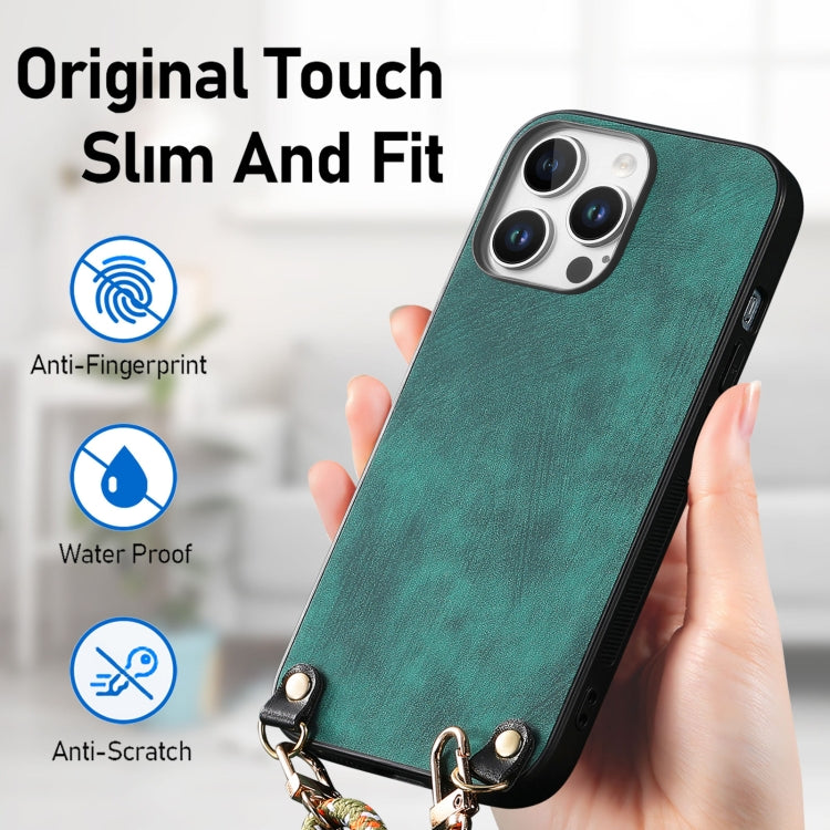 For iPhone 16 Pro Vintage Leather PC Back Cover Phone Case with Crossbody Strap(Green) - iPhone 16 Pro Cases by buy2fix | Online Shopping UK | buy2fix