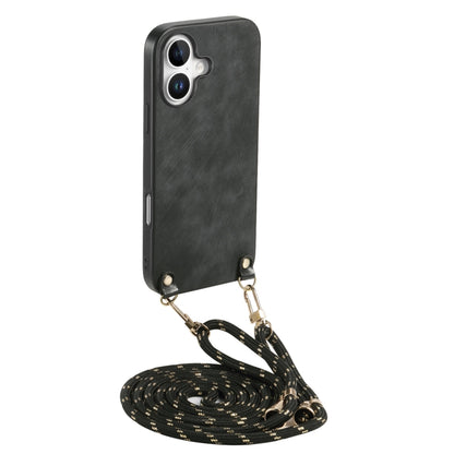 For iPhone 16 Plus Vintage Leather PC Back Cover Phone Case with Crossbody Strap(Black) - iPhone 16 Plus Cases by buy2fix | Online Shopping UK | buy2fix