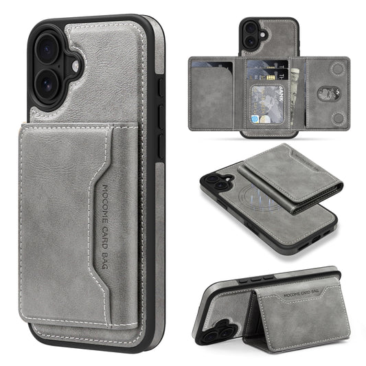 For iPhone 16 Shield Multi-functional MagSafe Card Bag Phone Case(Grey) - iPhone 16 Cases by buy2fix | Online Shopping UK | buy2fix