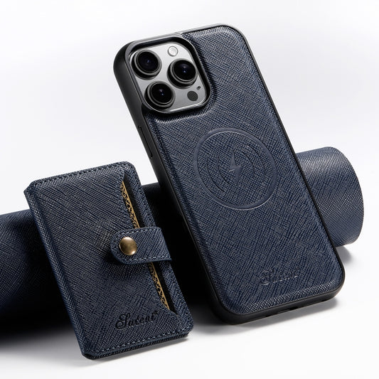 For iPhone 16 Pro Suteni H20 Cross-Grain MagSafe Horizontal Card Bag Back Phone Case(Blue) - iPhone 16 Pro Cases by Suteni | Online Shopping UK | buy2fix