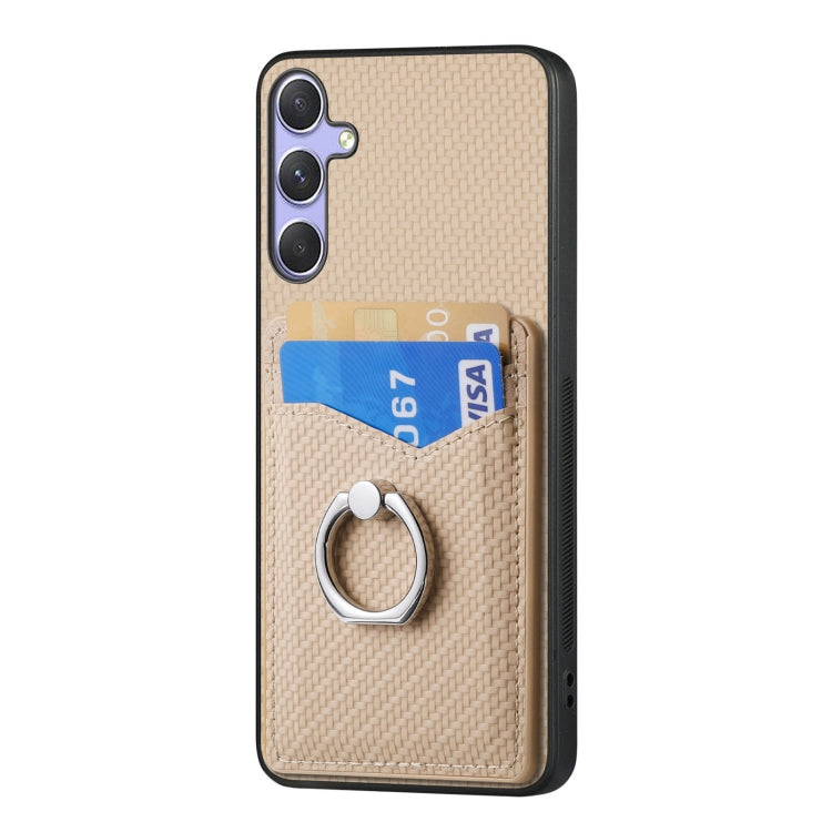 For Samsung Galaxy S25 Ultra 5G Carbon Fiber Card Wallet Ring Phone Case(Khaki) - Galaxy S25 Ultra 5G Cases by buy2fix | Online Shopping UK | buy2fix