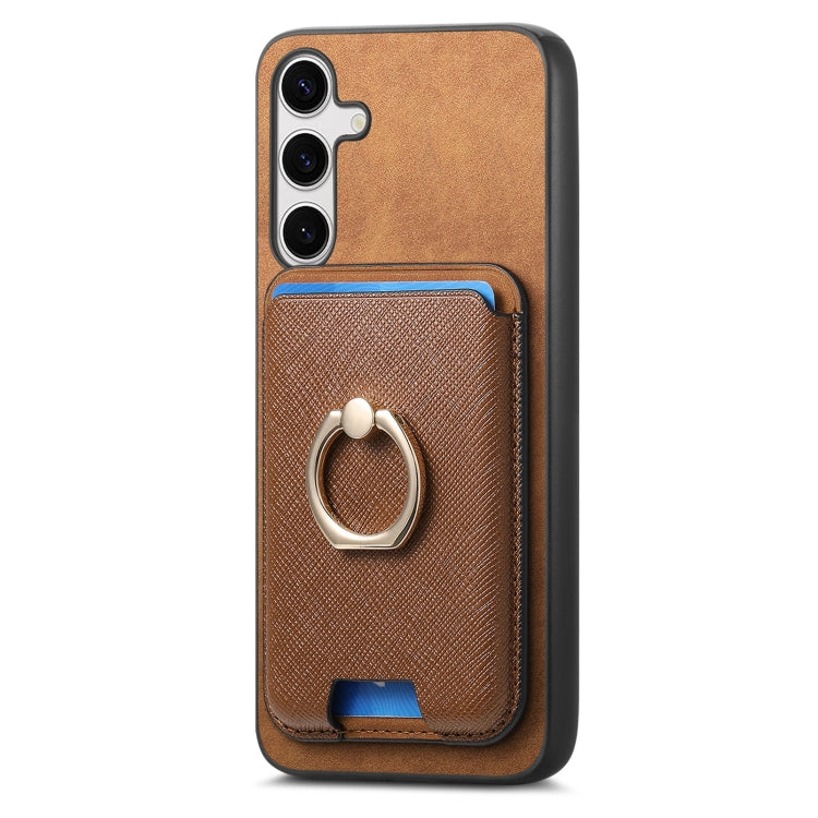 For Samsung Galaxy S25+ 5G Retro Cross Leather Ring Vertical Insert Card Bag MagSafe Phone Case(Brown) - Galaxy S25+ 5G Cases by buy2fix | Online Shopping UK | buy2fix