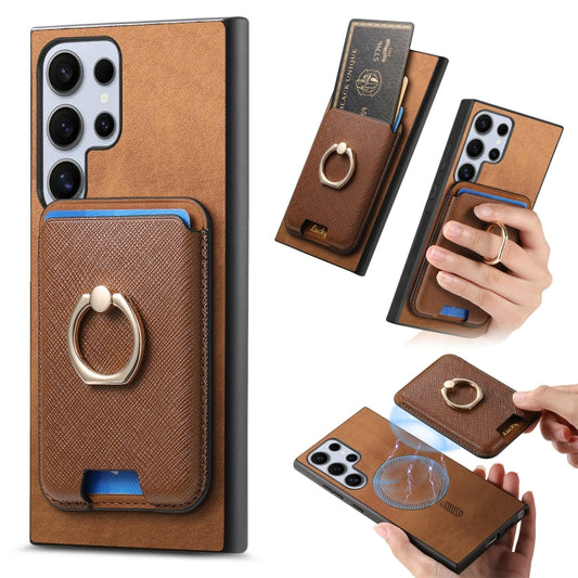 For Samsung Galaxy S25 Ultra 5G Retro Cross Leather Ring Vertical Insert Card Bag MagSafe Phone Case(Brown) - Galaxy S25 Ultra 5G Cases by buy2fix | Online Shopping UK | buy2fix