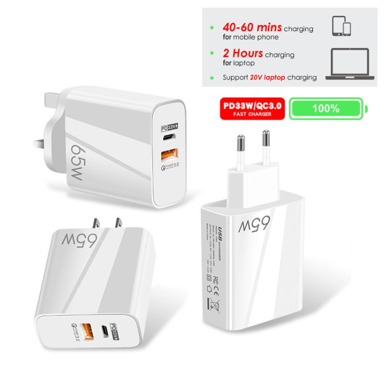 A502 65W USB-C/Type-C+USB Dual Port GaN Charger QC3.0 Laptop Universal Charger US Plug White - USB Charger by buy2fix | Online Shopping UK | buy2fix