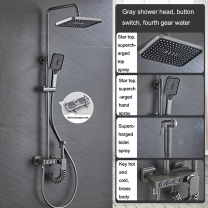 Button Four Gear Shower Set Full Copper Faucet Pressurized Square Nozzle Shower Set(Grey) - Shower Head by buy2fix | Online Shopping UK | buy2fix