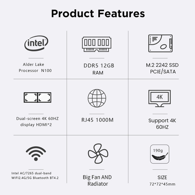 N100/DDR5 12th AlderLake-N100 Dual 4K60Hz Office And Home Mini PC, Spec: 12G+0 /US Plug - Windows Mini PCs by buy2fix | Online Shopping UK | buy2fix