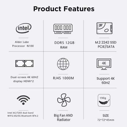 N100/DDR5 12th AlderLake-N100 Dual 4K60Hz Office And Home Mini PC, Spec: 12G+128G /EU Plug - Windows Mini PCs by buy2fix | Online Shopping UK | buy2fix