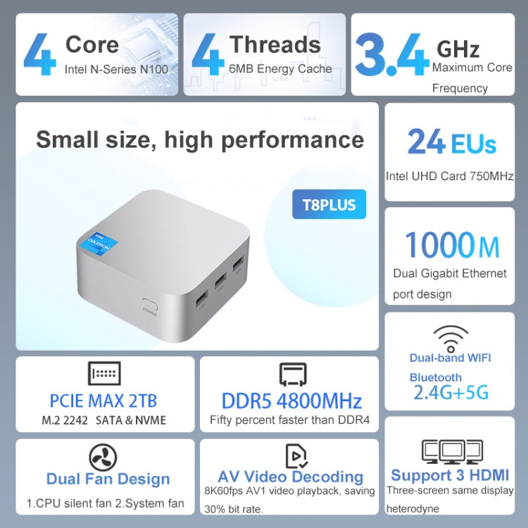 T8Plus Alder Lake-N100 4K Dual Band WIFI Bluetooth Office Game Portable Mini PC, Spec: 16G 256G UK Plug - Windows Mini PCs by buy2fix | Online Shopping UK | buy2fix