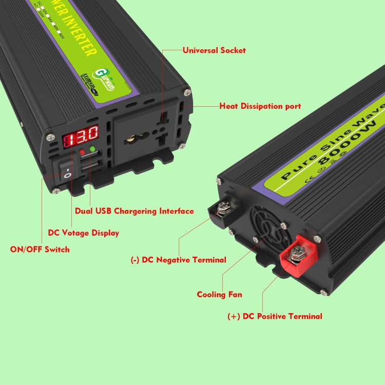 Gurxun 24V-220V 8000W Pure Sine Wave Inverter Car Single Digital Display Voltage Converter - Pure Sine Wave by Gurxun | Online Shopping UK | buy2fix