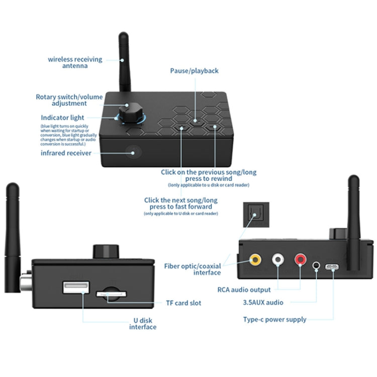 Bluetooth 5.4 Receiver Digital To Analog Card U Disk Converter Adapter With Remote Control(Coaxial Conversion) - Audio Signal Switcher by buy2fix | Online Shopping UK | buy2fix