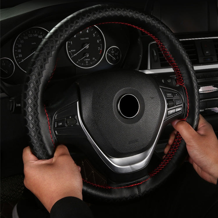 38cm Four-season Embossed Hand-sewn Cowhide Steering Wheel Cover(Coffee) - Steering Wheel Accessories by buy2fix | Online Shopping UK | buy2fix