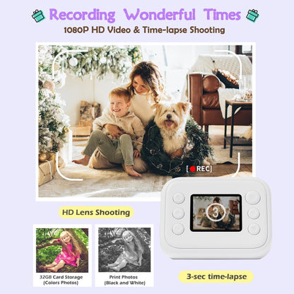 2.0-Inch LED Flash 1080P HD Recording Photo Printing Camera With 3-Rolls Paper, Color: Purple - Children Cameras by buy2fix | Online Shopping UK | buy2fix