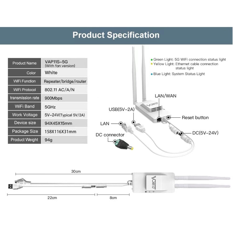 VONETS VAP11S-5G Mini Wireless Bridge 900Mbp WiFi Repeater with 2 Antennas & Fan (White) - Wireless Routers by VONETS | Online Shopping UK | buy2fix