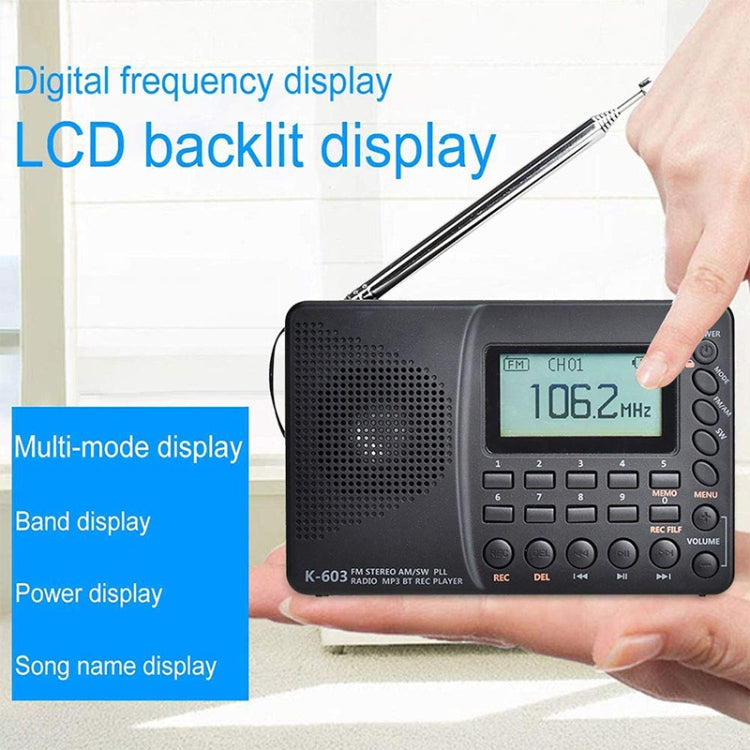 K-603 Portable FM / AM / SW Full Band Stereo Radio, Support BT & TF Card (Black) - Consumer Electronics by buy2fix | Online Shopping UK | buy2fix