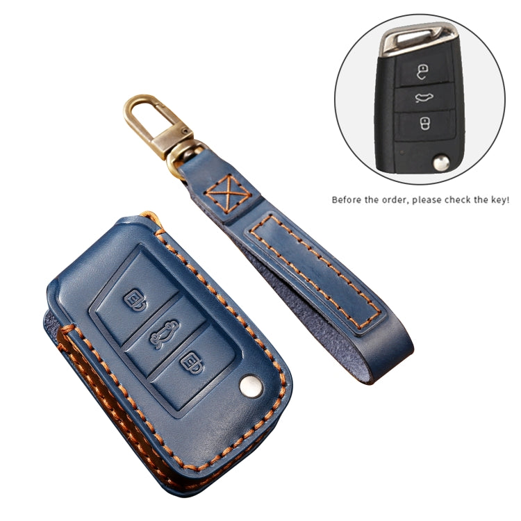 Hallmo Car Cowhide Leather Key Protective Cover Key Case for Volkswagen Lavida B Style(Blue) - Car Key Cases by Hallmo | Online Shopping UK | buy2fix