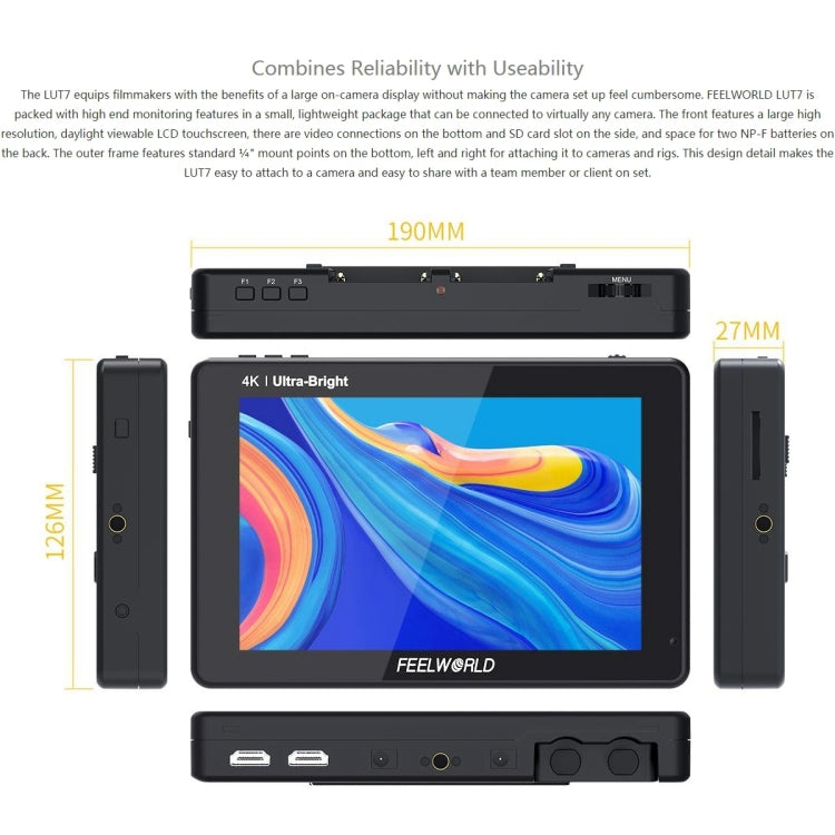 FEELWORLD LUT7 1920x1200 2200 nits 7 inch IPS Screen HDMI 4K Touch Screen Camera Field Monitor - Camera Accessories by FEELWORLD | Online Shopping UK | buy2fix
