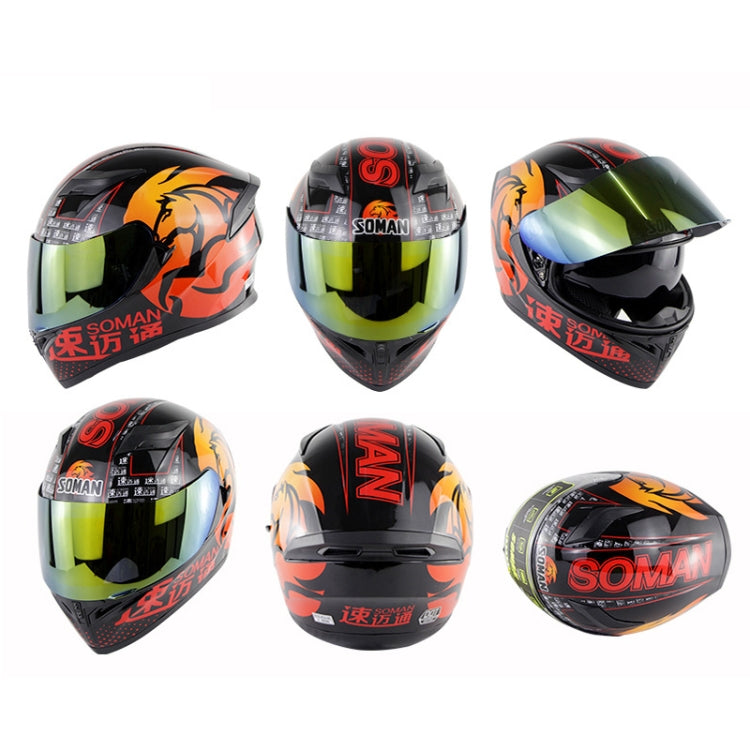 Soman SM-960 Motorcycle Electromobile Full Face Helmet Double Lens Protective Helmet(Red with Gold Lens) -  by SOMAN | Online Shopping UK | buy2fix