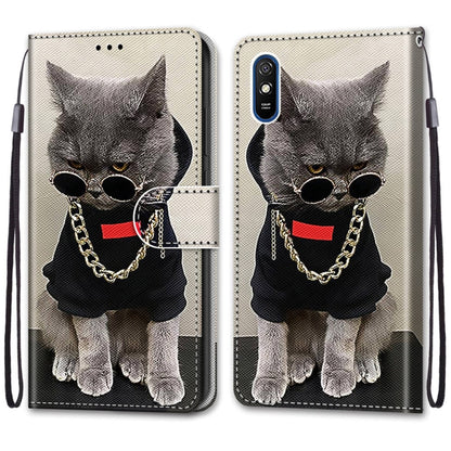 For Xiaomi Redmi 9A Coloured Drawing Cross Texture Horizontal Flip PU Leather Case with Holder & Card Slots & Wallet & Lanyard(Golden Chain Grey Cat) - Xiaomi Cases by buy2fix | Online Shopping UK | buy2fix