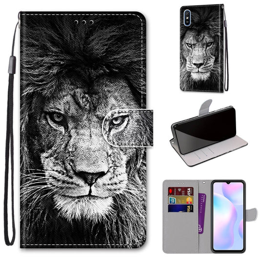 For Xiaomi Redmi 9A Coloured Drawing Cross Texture Horizontal Flip PU Leather Case with Holder & Card Slots & Wallet & Lanyard(Black White Lion Head) - Xiaomi Cases by buy2fix | Online Shopping UK | buy2fix