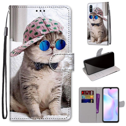 For Xiaomi Redmi 9A Coloured Drawing Cross Texture Horizontal Flip PU Leather Case with Holder & Card Slots & Wallet & Lanyard(Slant Hat Blue Mirror Cat) - Xiaomi Cases by buy2fix | Online Shopping UK | buy2fix