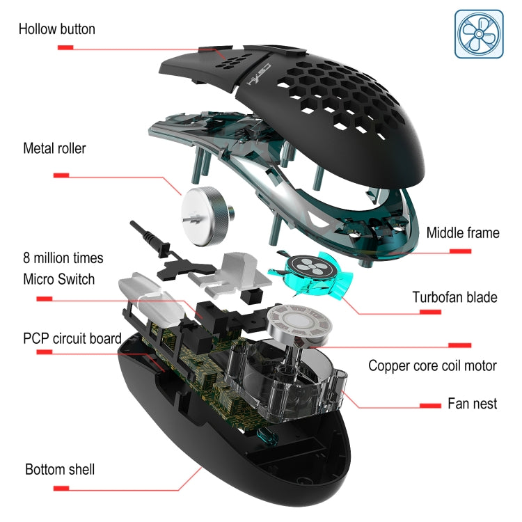 HXSJ J400 6 Keys 8000DPI RGB Light Fan Cooling Gaming Wired Mouse - Wired Mice by HXSJ | Online Shopping UK | buy2fix