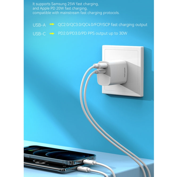 ROCK T51 30W Type-C / USB-C + USB PD Dual Ports Fast Charging Travel Charger Power Adapter, UK Plug(White) - USB Charger by ROCK | Online Shopping UK | buy2fix