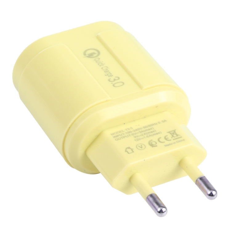 13-222 QC3.0 USB + 2.1A Dual USB Ports Macarons Travel Charger, EU Plug(Yellow) - Mobile Accessories by buy2fix | Online Shopping UK | buy2fix