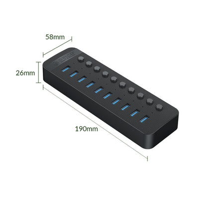 ORICO CT2U3-10AB-BK 10 In 1 Plastic Stripes Multi-Port USB HUB with Individual Switches, US Plug(Black) - USB 3.0 HUB by ORICO | Online Shopping UK | buy2fix