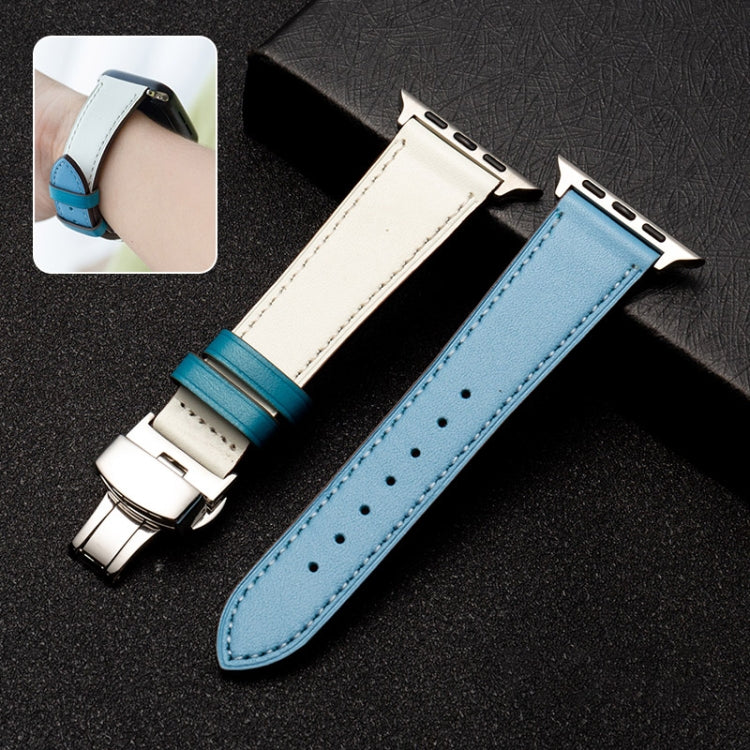 Butterfly Clasp  Top Layer Cowhide Leather Strap Watch Band For Apple Watch Series 8&7 41mm / SE 2&6&SE&5&4 40mm / 3&2&1 38mm(Baby Blue) - Watch Bands by buy2fix | Online Shopping UK | buy2fix