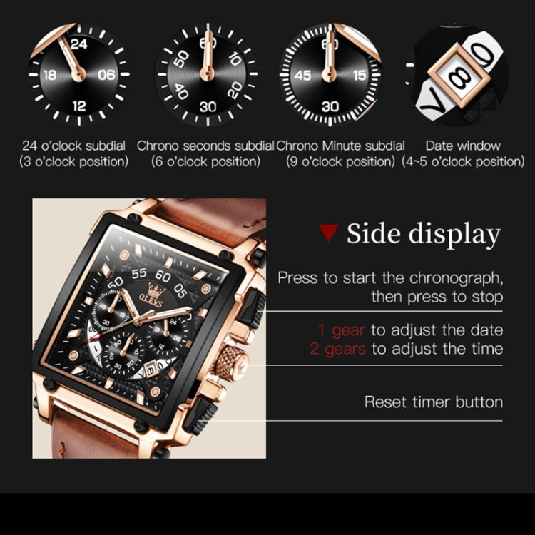 OLEVS 9919 Square Dial Chronograph Luminous Quartz Watch for Men(Black Leather All Black) - Leather Strap Watches by OLEVS | Online Shopping UK | buy2fix