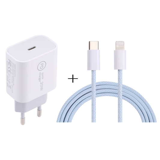 SDC-20W PD USB-C / Type-C Travel Charger + 1m 12W USB-C / Type-C to 8 Pin Data Cable Set, EU Plug(Blue) - Mobile Accessories by buy2fix | Online Shopping UK | buy2fix