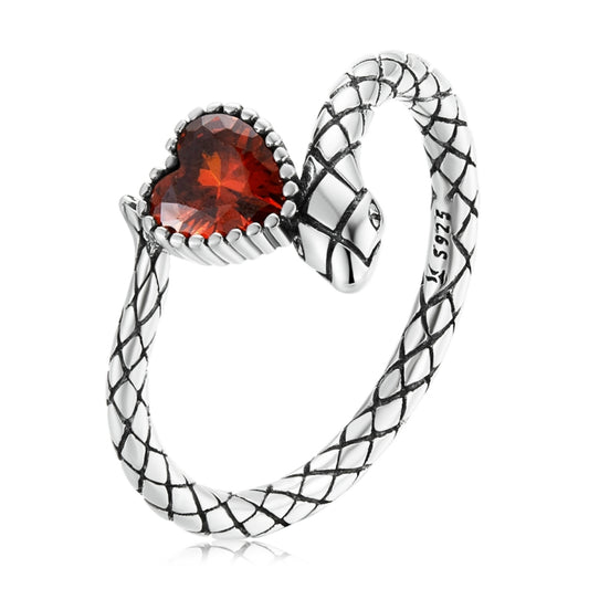 S925 Sterling Silver Retro Snake Heart Zircon Women Open Ring, Size:7 - Rings by buy2fix | Online Shopping UK | buy2fix