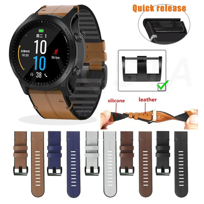 For Garmin Fenix 7 Silicone + Leather Quick Release Watch Band(Brown) - Smart Wear by buy2fix | Online Shopping UK | buy2fix