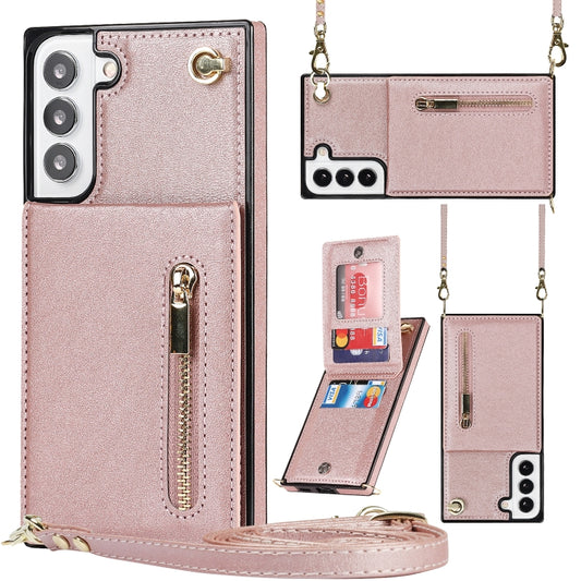 For Samsung Galaxy S22 5G Cross-body Square Zipper Card Holder Bag Phone Case(Rose Gold) - Samsung Accessories by buy2fix | Online Shopping UK | buy2fix