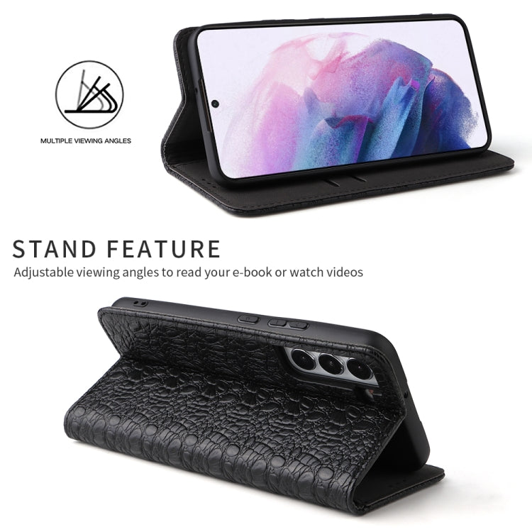 For Samsung Galaxy S22+ 5G Fierre Shann Crocodile Texture Magnetic Genuine Leather Phone Case(Black) - Galaxy S22+ 5G Cases by FIERRE SHANN | Online Shopping UK | buy2fix