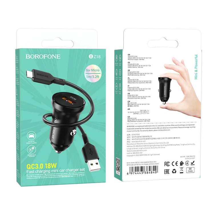 Borofone BZ18 Single USB Port QC3.0 Car Charger with Micro USB Charging Cable(Black) - In Car by Borofone | Online Shopping UK | buy2fix