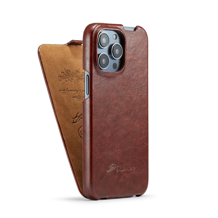 For iPhone 14 Pro Max Fierre Shann Oil Wax Texture Vertical Flip PU Phone Case (Brown) - iPhone 14 Pro Max Cases by FIERRE SHANN | Online Shopping UK | buy2fix