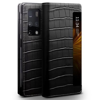 For Huawei Mate X2 QIALINO Crocodile Pattern Side Window View Genuine Leather Phone Case(Black) - Huawei Cases by QIALINO | Online Shopping UK | buy2fix