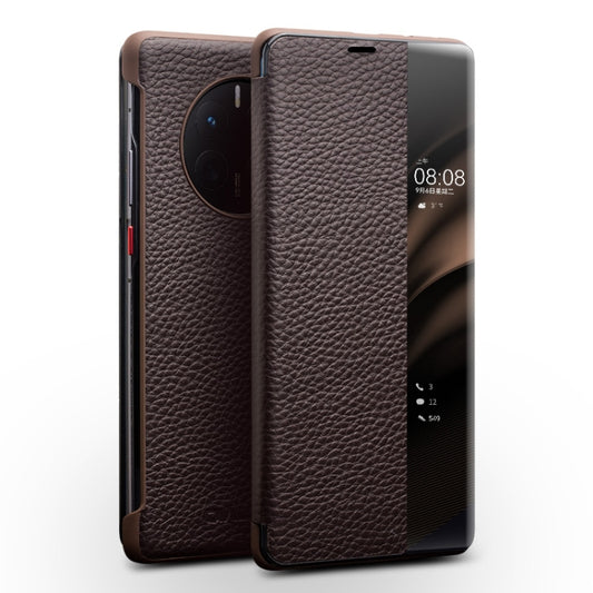 For Huawei Mate 50 QIALINO Genuine Leather Side Window View Smart Phone Case(Brown) - Huawei Cases by QIALINO | Online Shopping UK | buy2fix