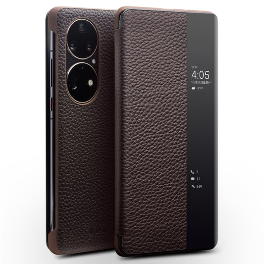 For Huawei P50 Pro QIALINO Genuine Leather Side Window View Smart Phone Case(Brown) - Huawei Cases by QIALINO | Online Shopping UK | buy2fix