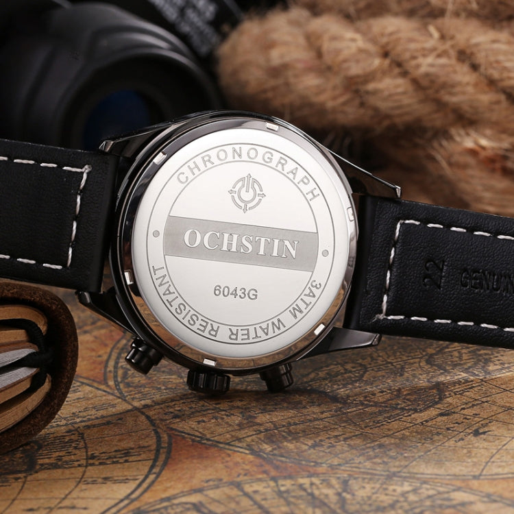 Ochstin 5043C Multifunctional Business Waterproof Leather Strap Quartz Watch(Black+Black+White) - Leather Strap Watches by OCHSTIN | Online Shopping UK | buy2fix