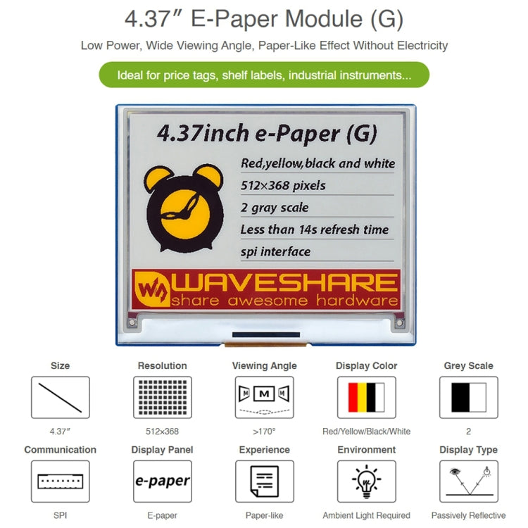 Waveshare 4.37 inch 512×368 E-Paper Module - Mini PC Accessories by WAVESHARE | Online Shopping UK | buy2fix