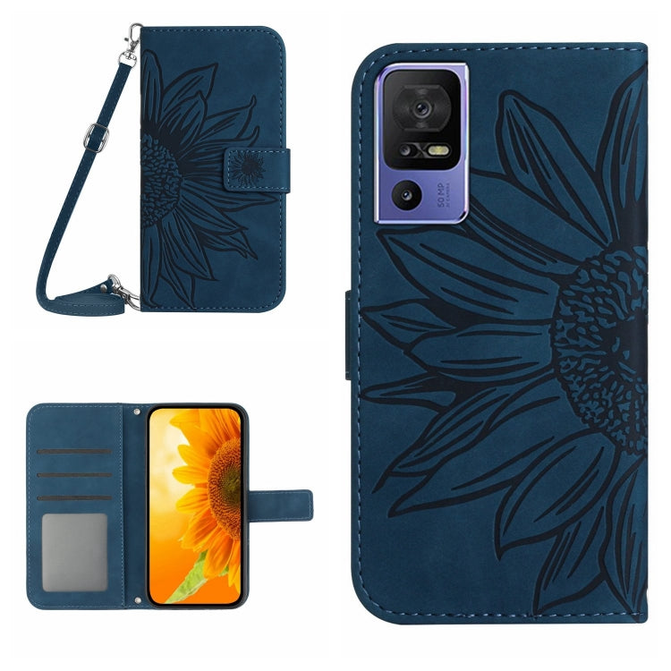 For TCL 40 SE HT04 Skin Feel Sun Flower Embossed Flip Leather Phone Case with Lanyard(Inky Blue) - More Brand by buy2fix | Online Shopping UK | buy2fix