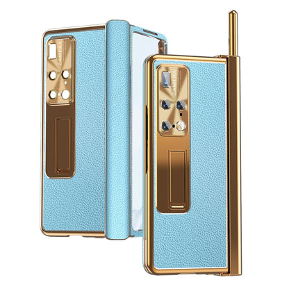 For Huawei Mate X2 Litchi Pattern Magnetic Shell Film Integrated Shockproof Phone Case(Blue Gold) - Huawei Cases by buy2fix | Online Shopping UK | buy2fix