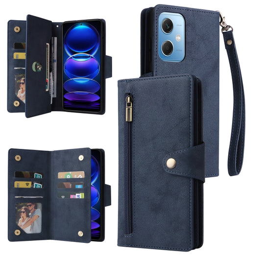 For Xiaomi Redmi Note 12 5G Global / Poco X5 Rivet Buckle 9 Cards Three Fold Leather Phone Case(Blue) - Note 12 Cases by buy2fix | Online Shopping UK | buy2fix