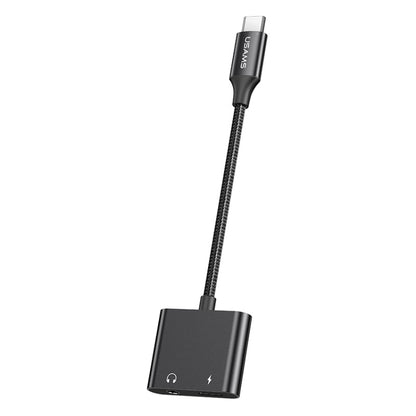 USAMS US-SJ598 AU15 Aluminum Alloy USB-C / Type-C to Type-C + 3.5DC Audio Adapter(Black) - Type-C Adapter by USAMS | Online Shopping UK | buy2fix