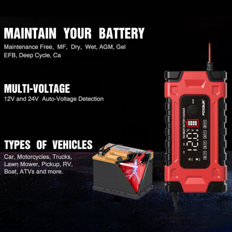 FOXSUR 12V / 24V / 10A Car / Motorcycle Battery Smart Repair Lead-acid Battery Charger, Plug Type:EU Plug - In Car by FOXSUR | Online Shopping UK | buy2fix