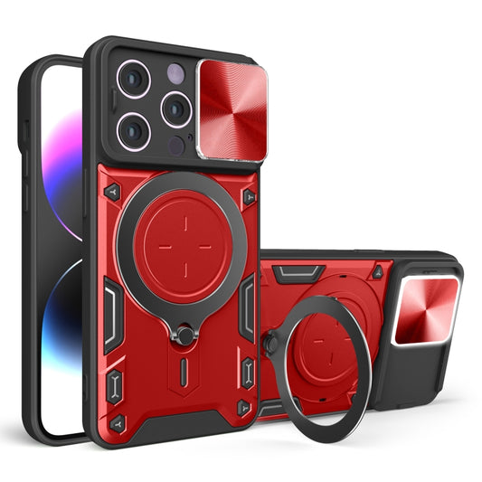 For iPhone 14 Pro CD Texture Sliding Camshield Magnetic Holder Phone Case(Red) - iPhone 14 Pro Cases by buy2fix | Online Shopping UK | buy2fix