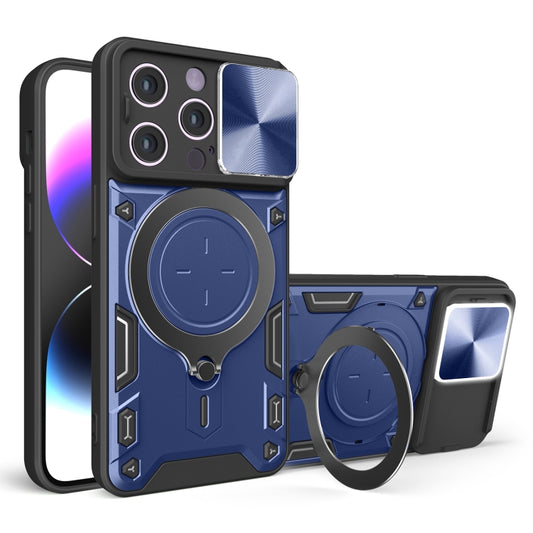 For iPhone 14 Pro CD Texture Sliding Camshield Magnetic Holder Phone Case(Blue) - iPhone 14 Pro Cases by buy2fix | Online Shopping UK | buy2fix