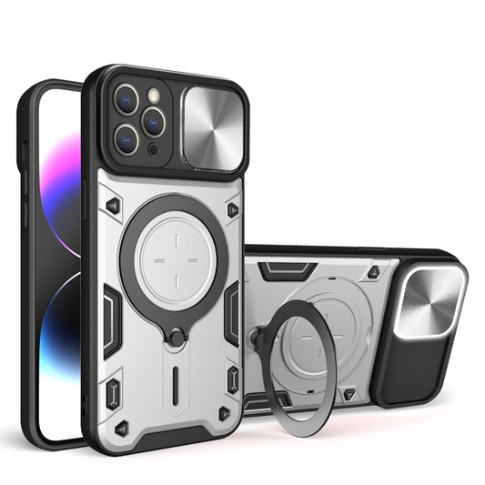 For iPhone 13 Pro CD Texture Sliding Camshield Magnetic Holder Phone Case(Silver) - iPhone 13 Pro Cases by buy2fix | Online Shopping UK | buy2fix
